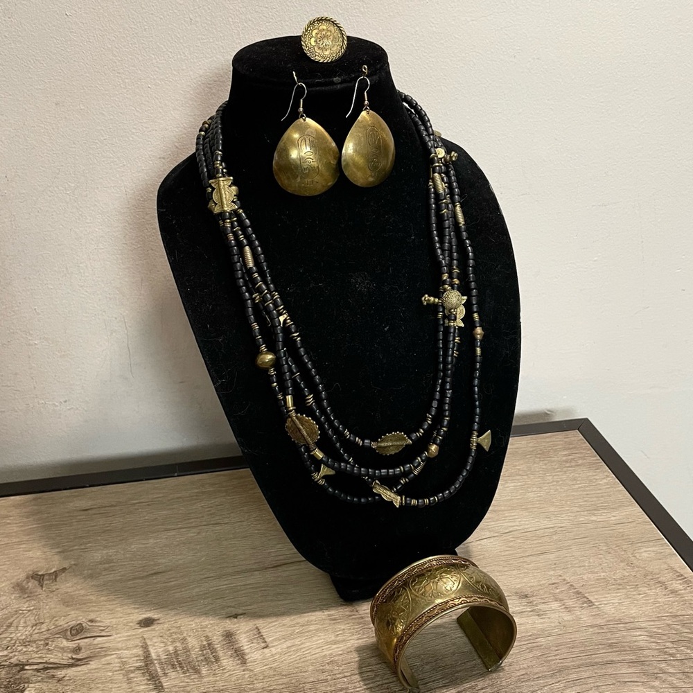 AFRICAN Tribal BEADED Multi-Strand LONG Brass NECKLACE Carved BRACELET EARRINGS